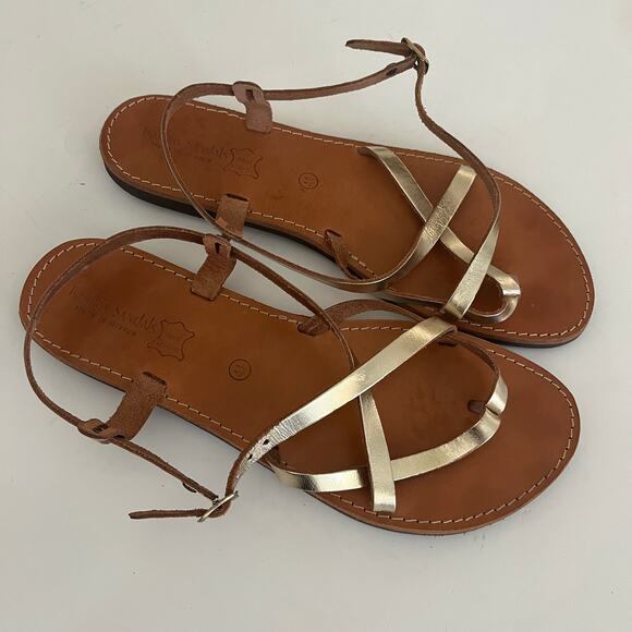 Tsakiris Sandal Made in Greece Women's 41 US 10 Leather Gold Strappy Thong - Picture 2 of 7